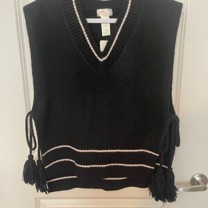 NWT Free People Black V-Neck Sleeveless Sweater Vest with Cream Stripe Accents